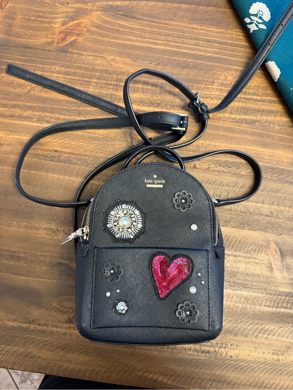 kate spade Black Mini Crossbody with Pink Sequin Heart and Embellishments